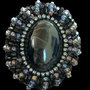 Vintage hand beaded glass bead and Laborite pierced earrings black blue pierced